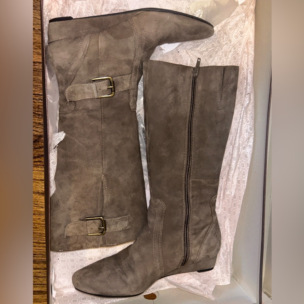Suede Low Wedge Heel Boots with buckle and zipper | Dark Taupe